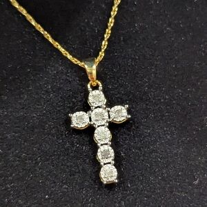 NWOT Diamond Cross Necklace 1/10 Carat Yellow Gold over Sterling 17"